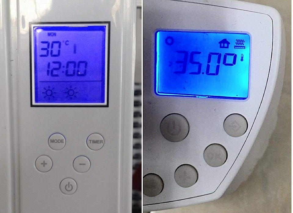 2 thermostats installés sur des radiateurs à inertie de marque BSDT