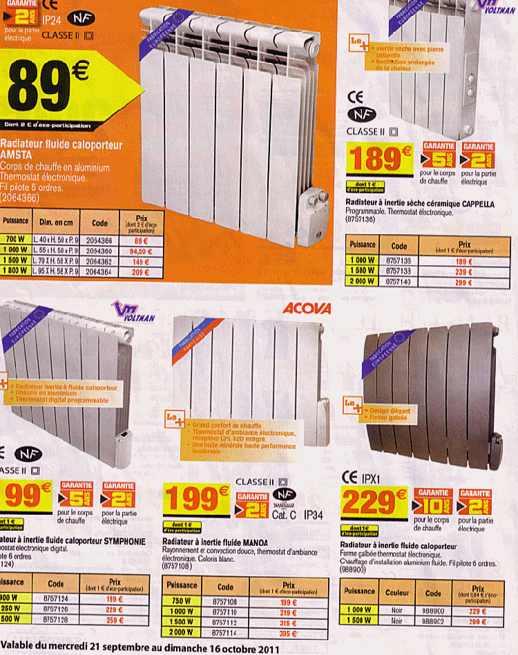 Page du catalogue de radiateurs électriques vendus par Bricorama