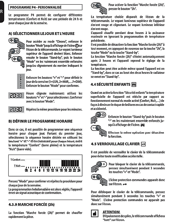 Choix des programmes P1 P2 P3 P4 sur le thermostat delonghi