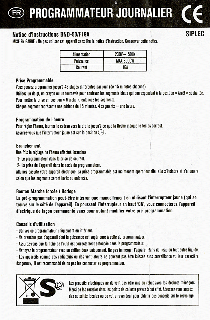 Notice de la prise électrique pour programmation horaire