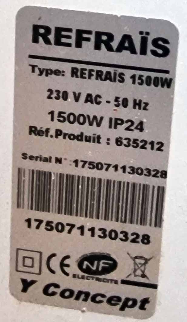 Etiquette produit 635212 d'un radiateur REFRAIS