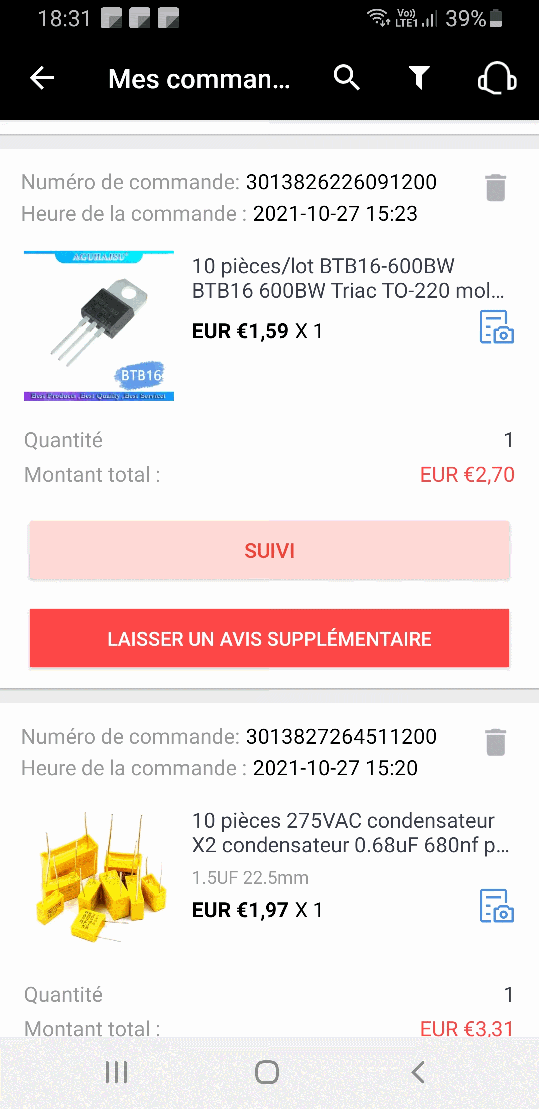 Composants déjà commandés pour la réparation du thermostat